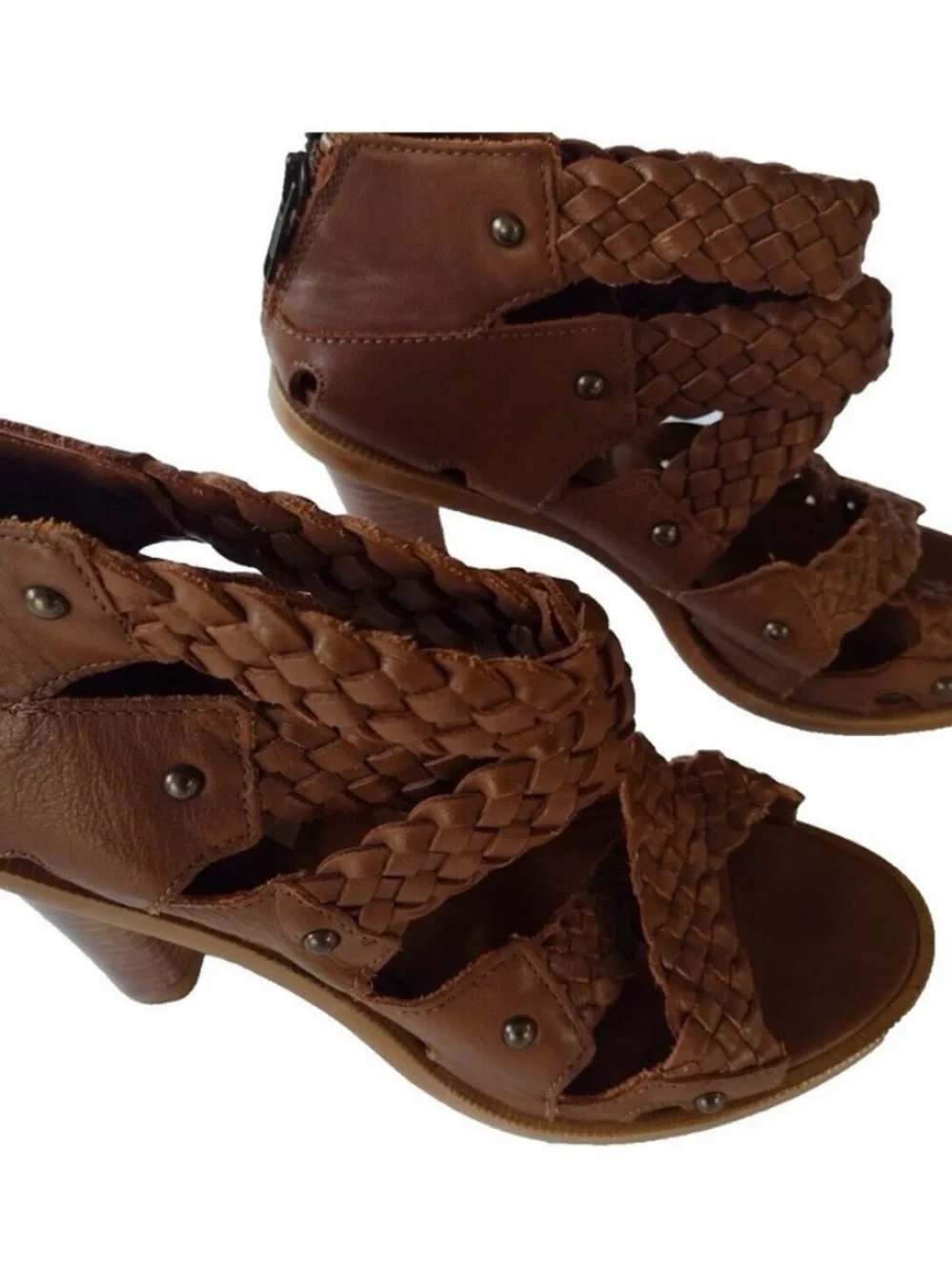 ZARA Brown Braided Leather Sandals Block Heel Back Zip Ankle Bootie Size 9 EU 39 - Picture 2 of 9